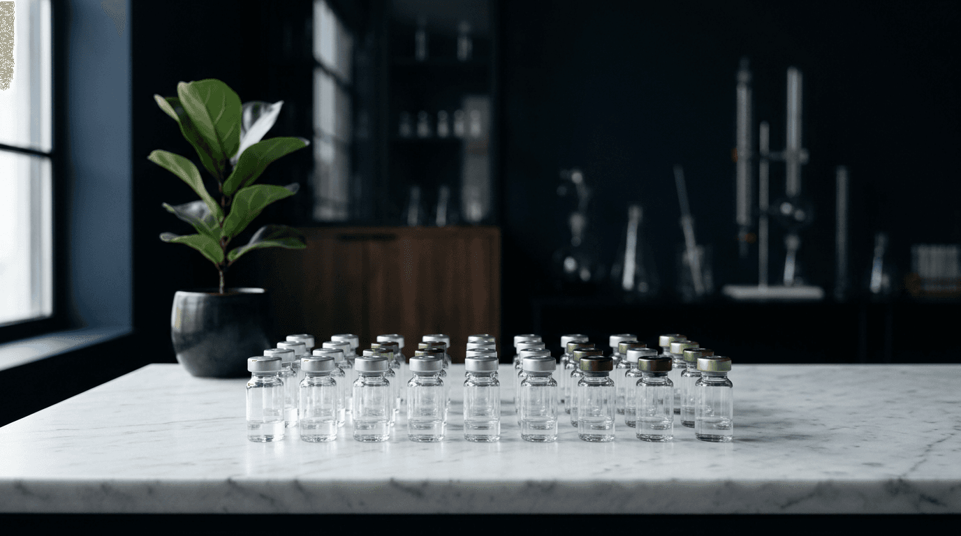 Rows of empty research vials on a marble lab counter